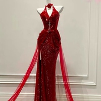 Burgundy Deep V Neck Silt Mermaid Glitter Tulle Galaxy Flowing Ball Gown Evening Dress - Thumbnail 6