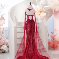 Burgundy Deep V Neck Silt Mermaid Glitter Tulle Galaxy Flowing Ball Gown Evening Dress - Thumbnail 7