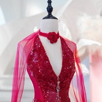 Burgundy Deep V Neck Silt Mermaid Glitter Tulle Galaxy Flowing Ball Gown Evening Dress - Thumbnail 3