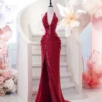 Burgundy Deep V Neck Silt Mermaid Glitter Tulle Galaxy Flowing Ball Gown Evening Dress - Thumbnail 1