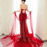 Burgundy Deep V Neck Silt Mermaid Glitter Tulle Galaxy Flowing Ball Gown Evening Dress - Thumbnail 2