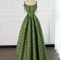 Beautiful Ball Gown Corset Back Moss Green Lace Prom Gown Long Prom Dresses, Green Floral Evening Dress - Thumbnail 1