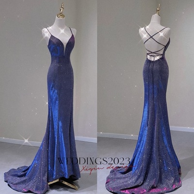 Spaghetti strap prom dress for teens mermaid long evening dress v neck sparkly cocktail ball gowns - Thumbnail 5