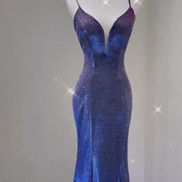 Spaghetti Strap Prom Dress for Teens Mermaid Long Evening Dress V Neck Sparkly Cocktail Ball Gowns - Thumbnail 7