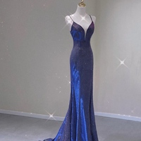 Spaghetti Strap Prom Dress for Teens Mermaid Long Evening Dress V Neck Sparkly Cocktail Ball Gowns - Thumbnail 1