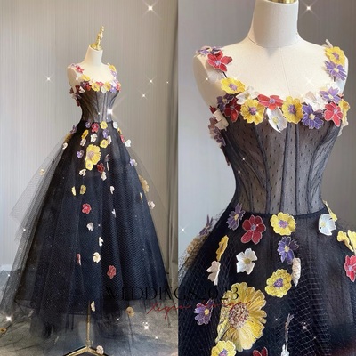 Black floral lace tulle applique prom dresses spaghetti strap formal dress with flowers puffy quinceanera dresses