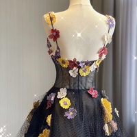 Black Floral Lace Tulle Applique Prom Dresses Spaghetti Strap Formal Dress with Flowers Puffy Quinceanera Dresses - Thumbnail 2