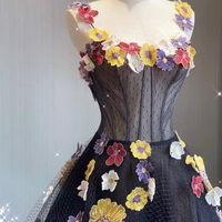 Black Floral Lace Tulle Applique Prom Dresses Spaghetti Strap Formal Dress with Flowers Puffy Quinceanera Dresses - Thumbnail 6