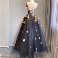 Black Floral Lace Tulle Applique Prom Dresses Spaghetti Strap Formal Dress with Flowers Puffy Quinceanera Dresses - Thumbnail 1