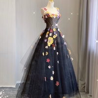 Black Floral Lace Tulle Applique Prom Dresses Spaghetti Strap Formal Dress with Flowers Puffy Quinceanera Dresses - Thumbnail 7