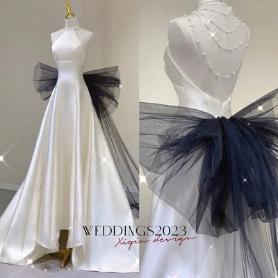 Ivory Satin Pearls Halterneck A Line Wedding Dress Sleeveless Bow Open Back Bridal Gown