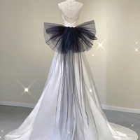 Ivory Satin Pearls Halterneck A Line Wedding Dress Sleeveless Bow Open Back Bridal Gown - Thumbnail 4