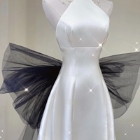 Ivory Satin Pearls Halterneck A Line Wedding Dress Sleeveless Bow Open Back Bridal Gown - Thumbnail 3