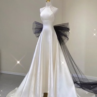 Ivory Satin Pearls Halterneck A Line Wedding Dress Sleeveless Bow Open Back Bridal Gown - Thumbnail 1