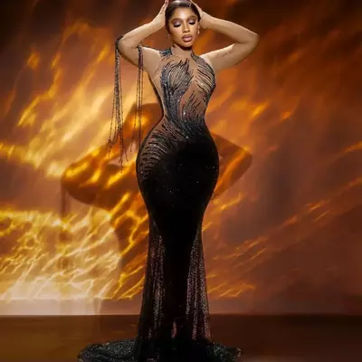 Black illusion mermaid prom dresses beaded sequined full sleeves evening formal party second reception birthday gowns