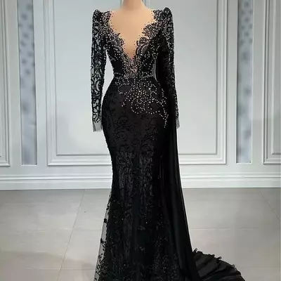 Plus size arabic aso ebi black mermaid luxurious prom dresses beaded crystals evening formal party second reception birthday dress