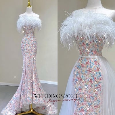 High-end charming strapless printing prom dresses mermaid strapless tassel sleeveless backless sweep train prom dresses