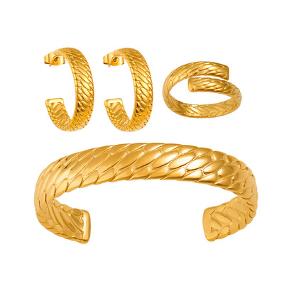 Titanium steel jewelry bracelet earring ring 3 in 1 gold plated hoop earrings snake scale pattern, lightweight fashion jewelry