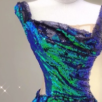 Green Sequins Sleeveless Mermaid Floor Length Open Back Prom Dress - Thumbnail 4