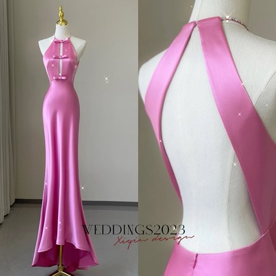 Pink high neck mermaid long prom dress open back satin with bow prom dress
