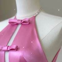 Pink High Neck Mermaid Long Prom Dress Open Back Satin with Bow Prom Dress - Thumbnail 4