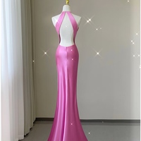Pink High Neck Mermaid Long Prom Dress Open Back Satin with Bow Prom Dress - Thumbnail 5