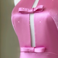 Pink High Neck Mermaid Long Prom Dress Open Back Satin with Bow Prom Dress - Thumbnail 2