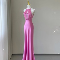 Pink High Neck Mermaid Long Prom Dress Open Back Satin with Bow Prom Dress - Thumbnail 7