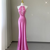Pink High Neck Mermaid Long Prom Dress Open Back Satin with Bow Prom Dress - Thumbnail 1