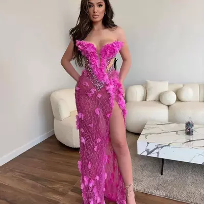 Aso ebi fuchsia mermaid prom dress crystals high split evening formal party second reception birthday engagement gowns