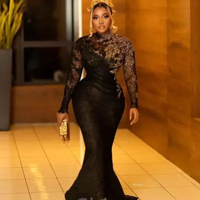 Aso ebi black mermaid prom dress lace sexy evening formal party second reception birthday engagement gowns dress 