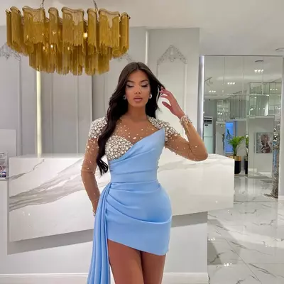 Sky blue sheath prom dresses beaded crystals satin evening formal party second reception birthday dress