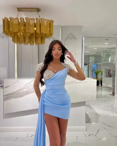 Sky Blue Sheath Prom Dresses Beaded Crystals Satin Evening Formal Party Second Reception Birthday Dress