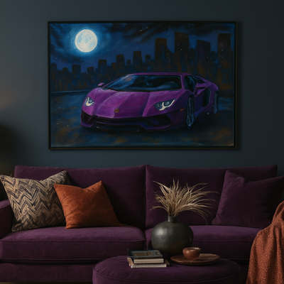 Purple lamborghini in urban eclipse art print