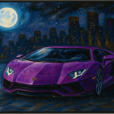Purple lamborghini in urban eclipse art print