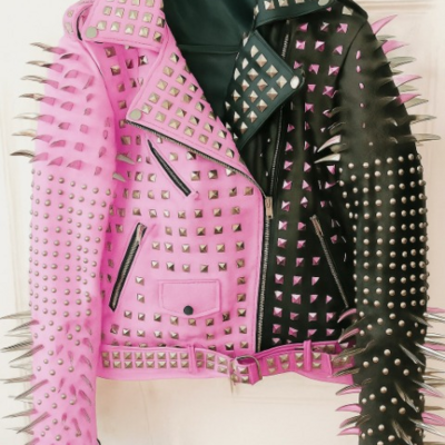 Crafted leather new handmade women's punk full long spiked studded brando pink black adorable leather jacket