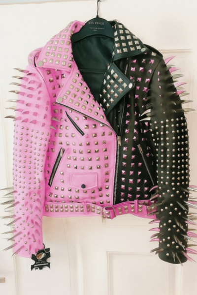Crafted Leather New Handmade Women's Punk Full Long Spiked Studded Brando Pink Black Adorable Leather Jacket