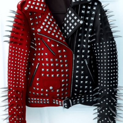 Crafted leather new handmade women's punk full long spiked studded brando red black adorable leather jacket - Thumbnail 2