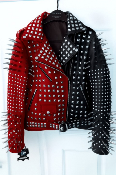Crafted Leather New Handmade Women's Punk Full Long Spiked Studded Brando Red Black Adorable Leather Jacket