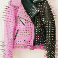 Crafted Leather New Handmade Women's Punk Full Long Spiked Studded Brando Pink Black Adorable Leather Jacket - Thumbnail 1