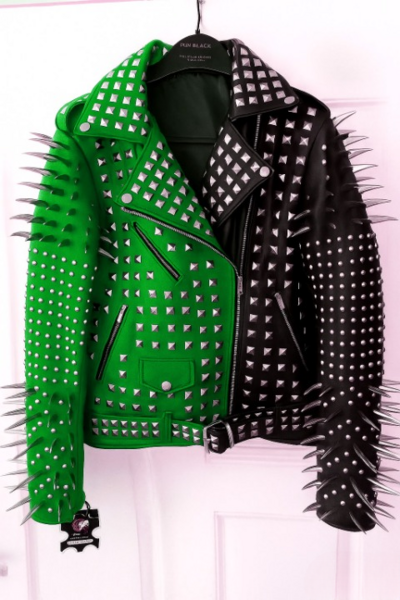 Crafted Leather New Handmade Women's Punk Full Long Spiked Studded Brando Green Black Adorable Leather Jacket