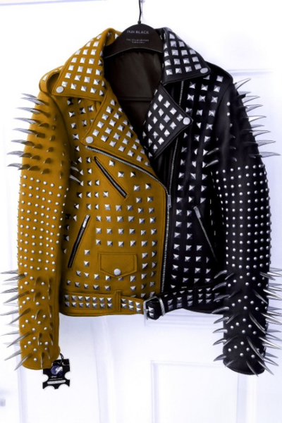 Crafted Leather New Handmade Women's Punk Full Long Spiked Studded Brando Brown Black Adorable Leather Jacket