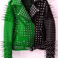 Crafted Leather New Handmade Women's Punk Full Long Spiked Studded Brando Green Black Adorable Leather Jacket - Thumbnail 1