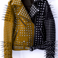 Crafted Leather New Handmade Women's Punk Full Long Spiked Studded Brando Brown Black Adorable Leather Jacket - Thumbnail 1