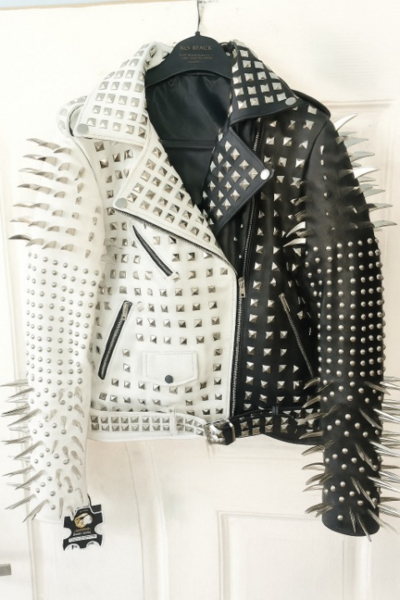 Crafted Leather New Handmade Women's Punk Full Long Spiked Studded Brando White Black Adorable Leather Jacket