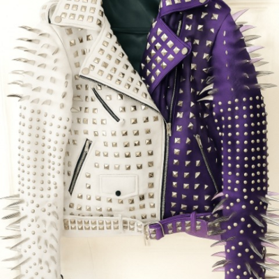 Crafted leather new handmade women's punk full long spiked studded brando purple black adorable leather jacket - Thumbnail 1