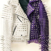 Crafted Leather New Handmade Women's Punk Full Long Spiked Studded Brando Purple Black Adorable Leather Jacket - Thumbnail 1