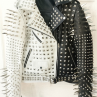 Crafted Leather New Handmade Women's Punk Full Long Spiked Studded Brando White Black Adorable Leather Jacket - Thumbnail 1