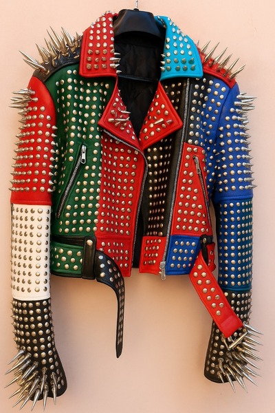 Crafted Leather New Handmade Women's Comfortable Multi Color Studded Brando Metal Spiked Leather Round Studs Jacket