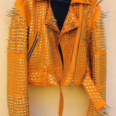 Crafted leather new handmade women's comfortable orange studded brando metal spiked leather round studs jacket